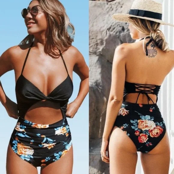 Cupshe Black Floral Print Halter Tummy Control One Piece Swim Suit - Picture 3 of 6